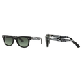 Black square green-lens sunglasses with camouflage arms and original lettering, front and side views