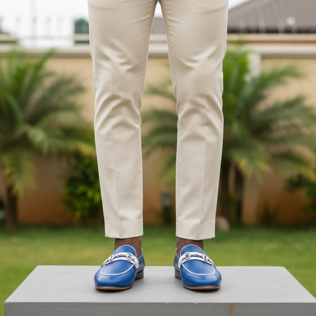 Men's royal blue leather horsebit loafer - Nigerian male model leg focus