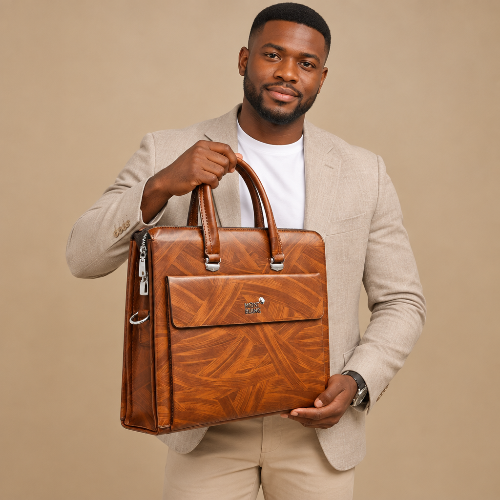 Adult model holding a cognac brown patterned top-handle bag