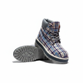 Timberland 6-inch blue navy tartan plaid heritage boot pair ghost mannequin product shot, plain white background