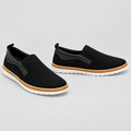 Men's black suede tan welt slip-on shoes, front and side view
