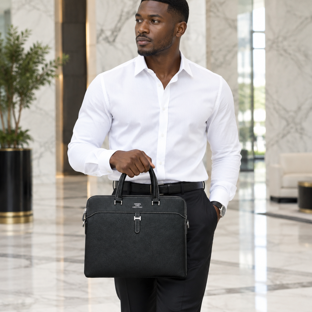 Black Grained Leather H-Clasp Slim Executive Briefcase – Model Shot