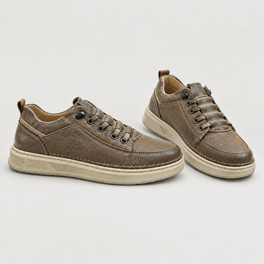Taupe textured lace-up sneakers, pair views