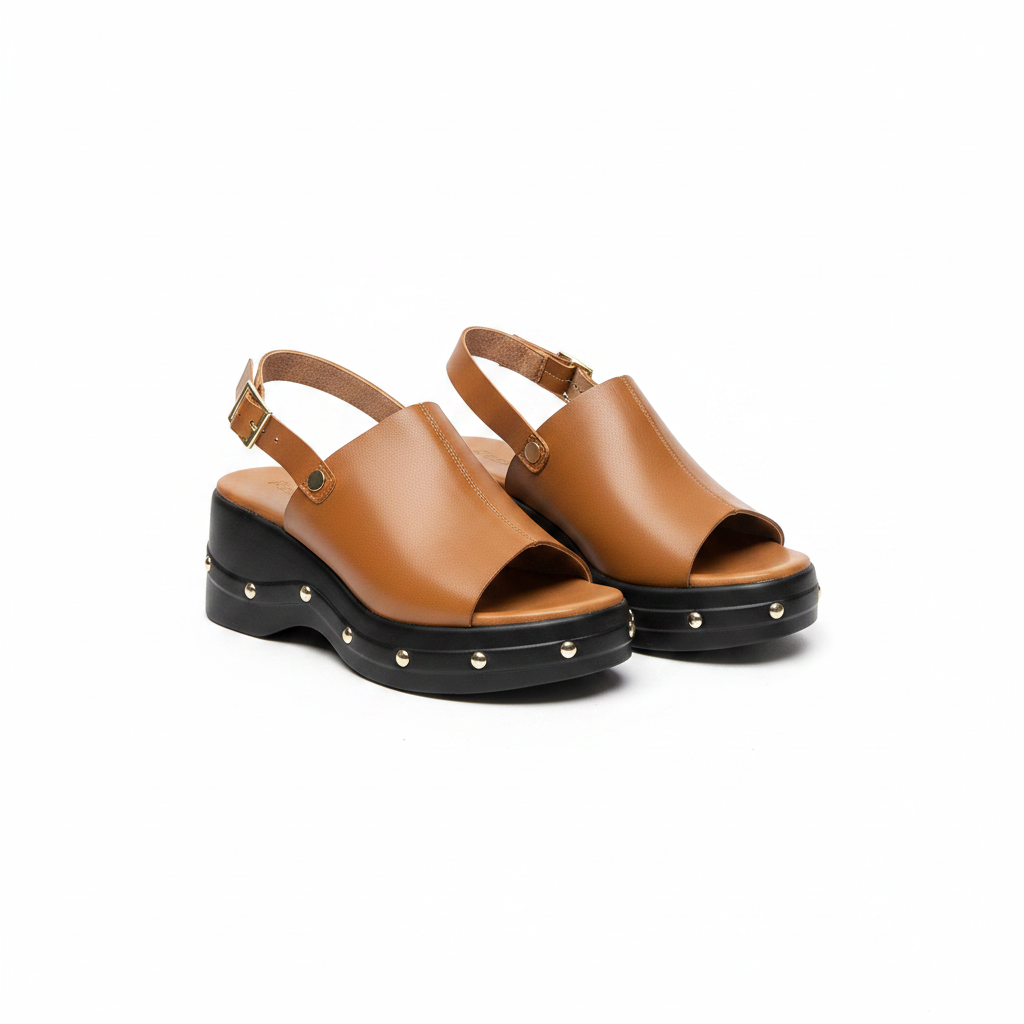 Pair of tan camel leather open-toe platform wedge sandals with silver studded black sole and gold buckle