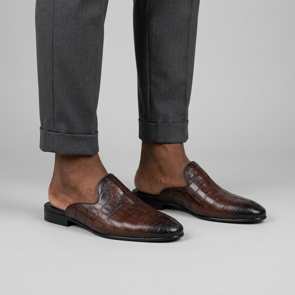 Man wearing brown croc-textured backless mules with heel on a plain studio background