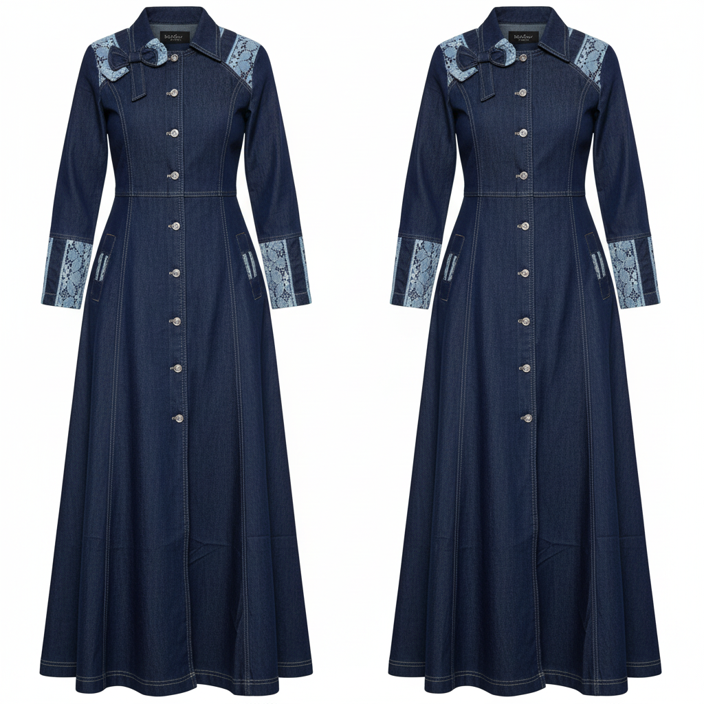 Navy Blue Lace Panel Denim Maxi Dress – Ghost Mannequin Front