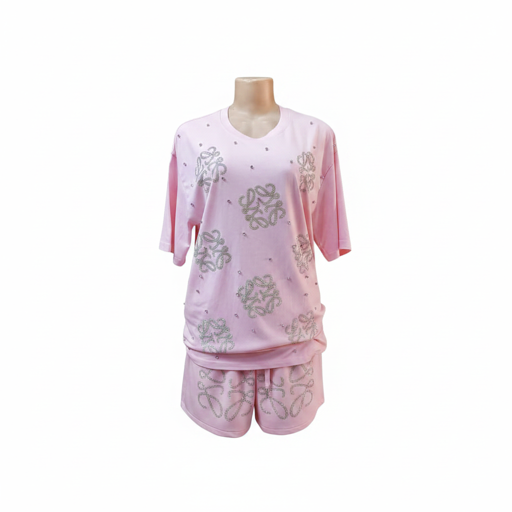 Ghost mannequin pink rhinestone top and shorts set