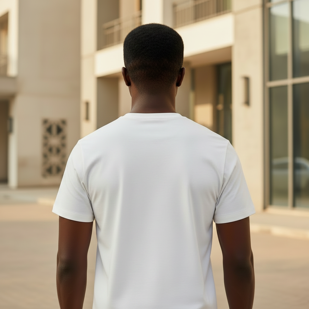 Stripe Crew Tee back view on Nigerian male model