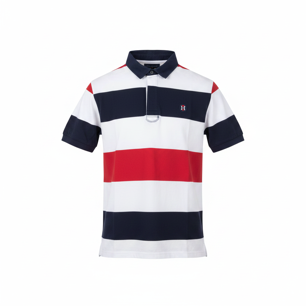 Men's rugby stripe polo shirt in white, navy and red, ghost mannequin front view