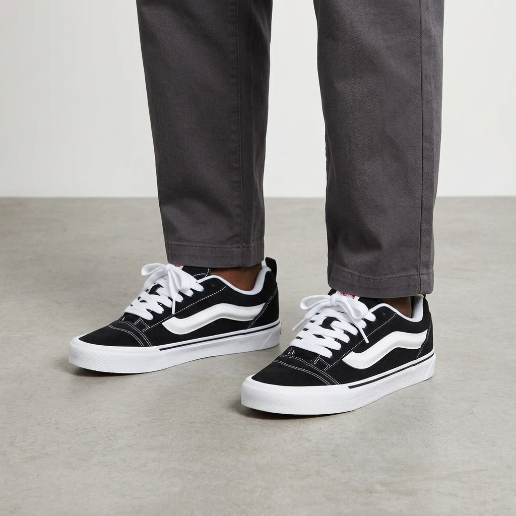 Leg-focused model wearing black and white low-top sneakers