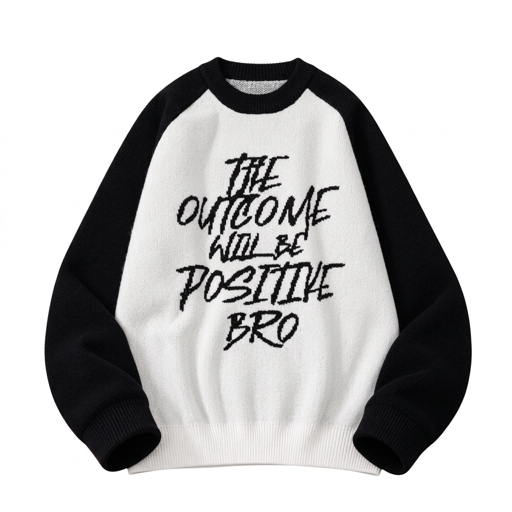 White slogan-graphic knit sweater with black raglan sleeves and crew neckline