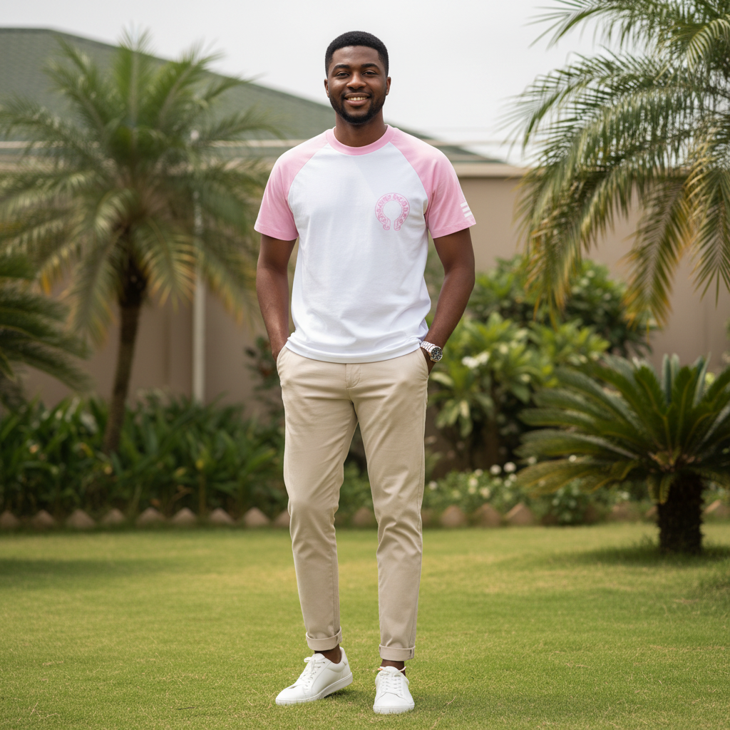 Men's white and pink raglan body-hug tee - Nigerian male model shot