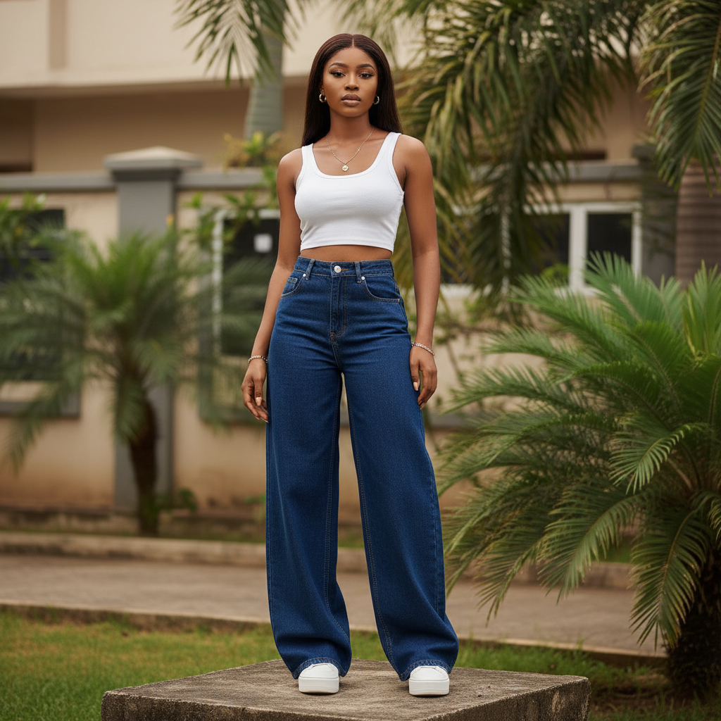 Nigerian female model wearing women's navy blue high-waist extra wide-leg palazzo denim jeans, garden setting