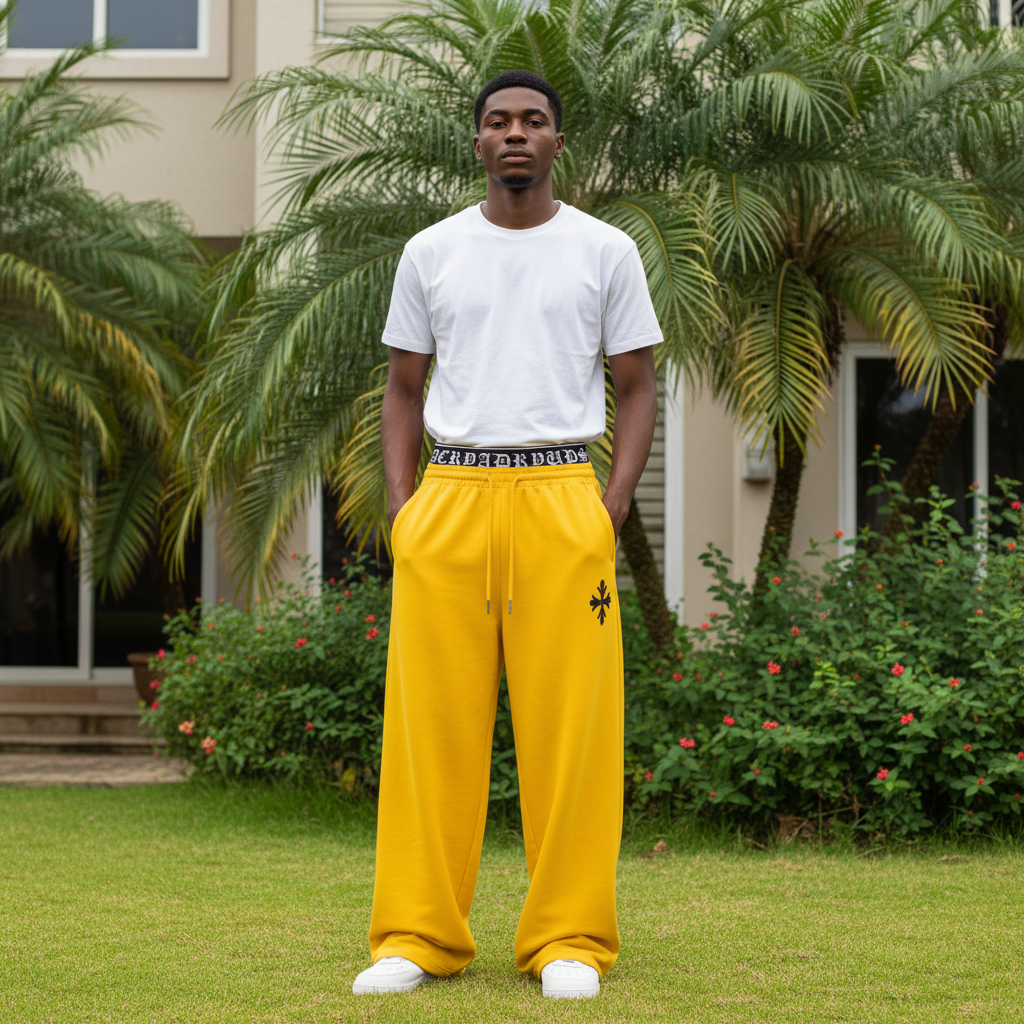 Nigerian male model wearing men's yellow wide leg cross emblem sweatpants