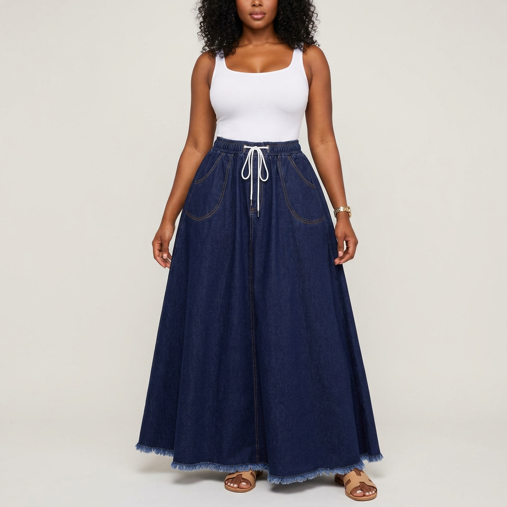 Black woman wearing a dark indigo drawstring denim maxi skirt