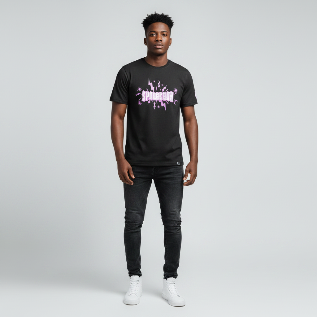 Young Nigerian male wearing black SpongeBob Hall of Fame graphic crew neck tee