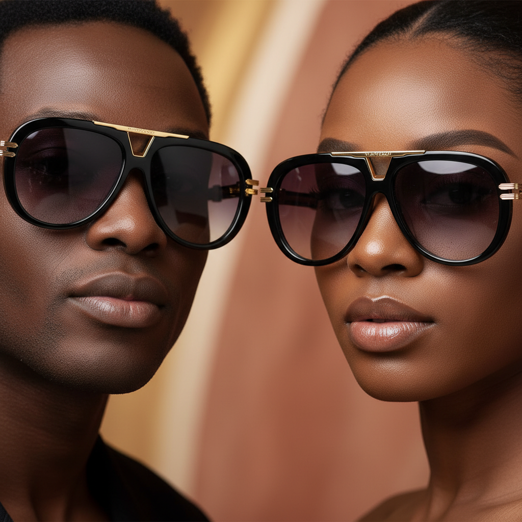 Nigerian male and female models wearing oversized aviator sunglasses glossy black frame gradient grey purple lens gold bar bridge hardware