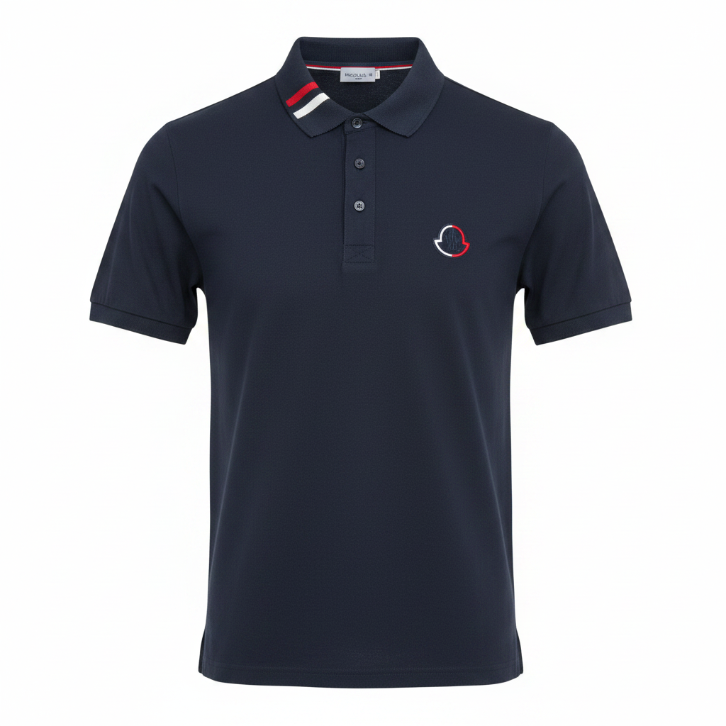 Men's navy polo shirt with tricolour striped collar, ghost mannequin front view