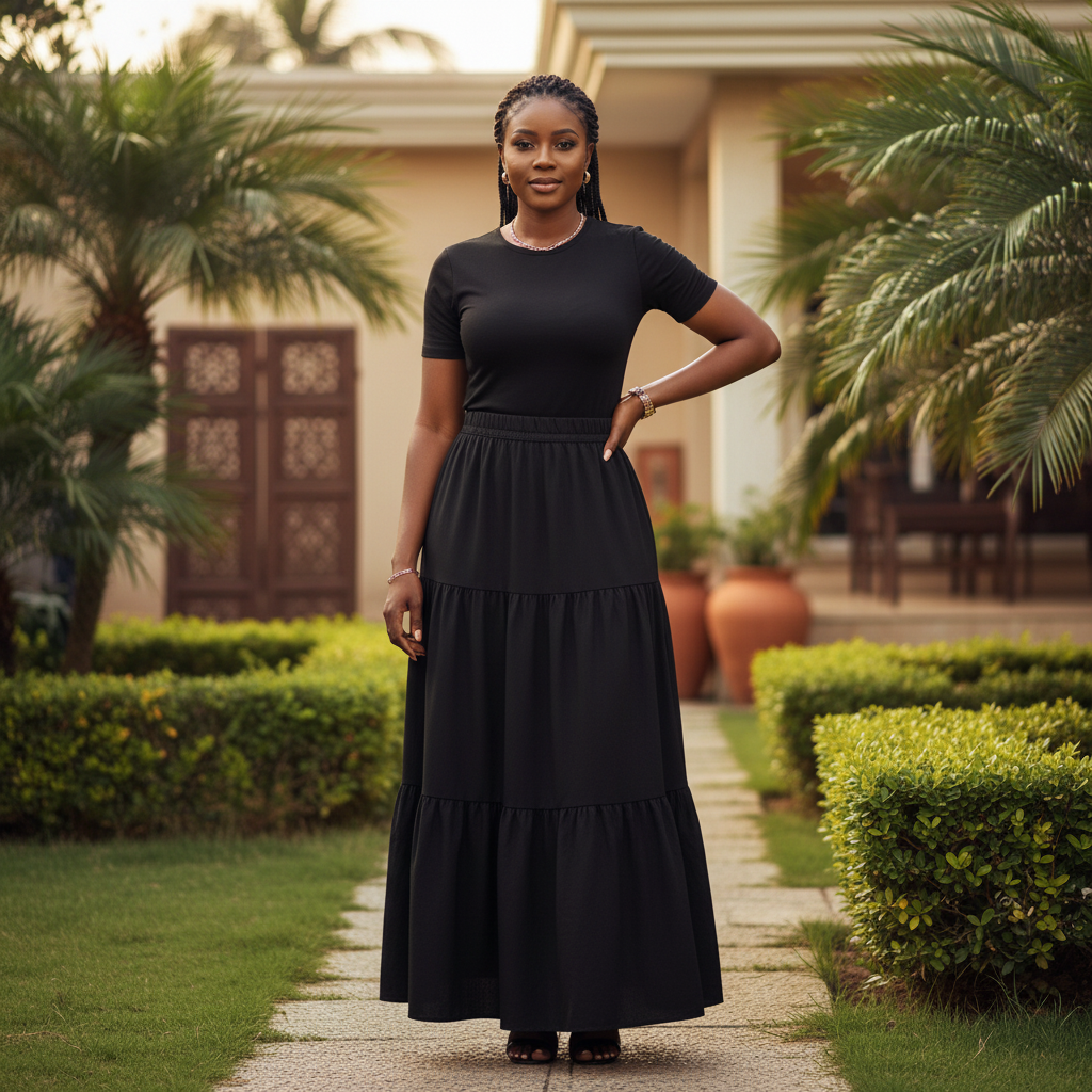 Nigerian female model wearing black tiered A-line maxi skirt