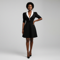 Black White Lapel Puff Sleeve Mini Dress - Front Model