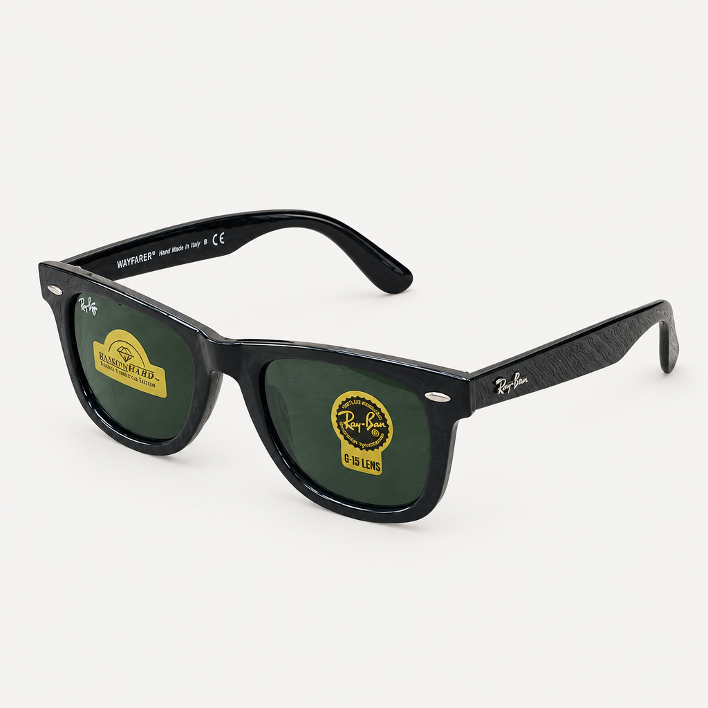 AI-generated catalog image of black angular square sunglasses
