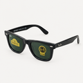 AI-generated catalog image of black angular square sunglasses