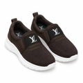 Brown mesh monogram strap slip-on sneakers pair