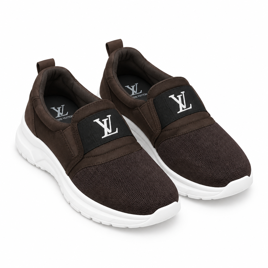 Brown mesh monogram strap slip-on sneakers pair
