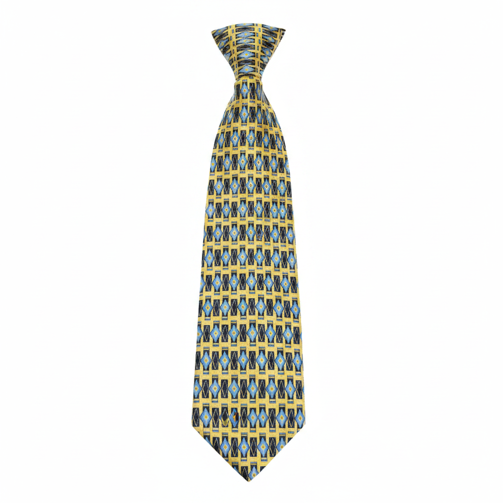 Men's yellow blue and navy geometric diamond woven necktie ghost mannequin white background