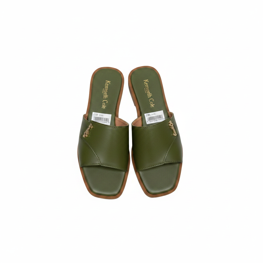 Ghost mannequin pair view of olive green leather wide strap pointed toe flat slide mules