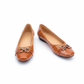Tan diamond-quilted patent leather square-toe ballet flat with gold chain-link bar — clean pair product shot