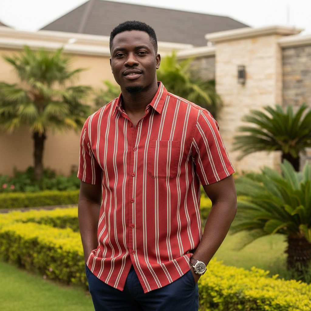 Men's Red Striped Short Sleeve Shirt - Nigerian Male Model