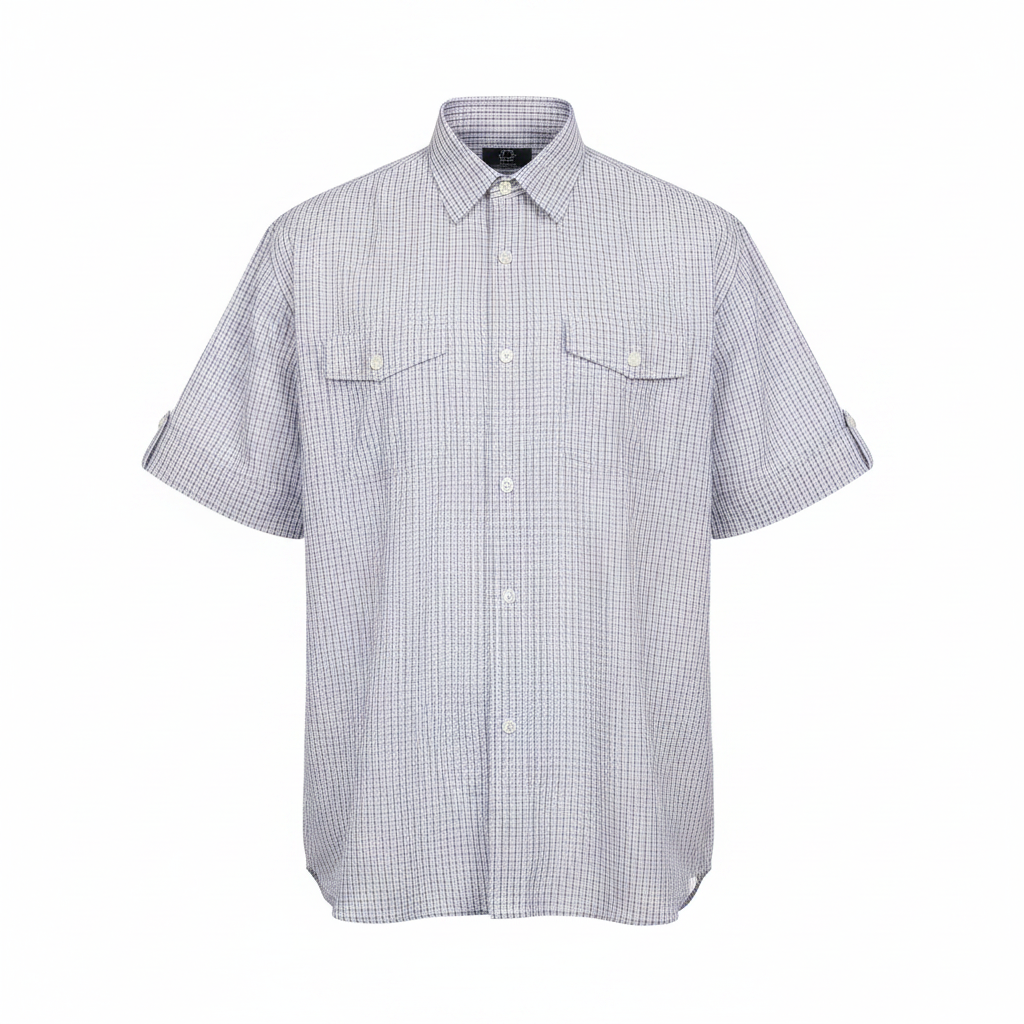 Ghost mannequin of white and grey micro check short-sleeved shirt