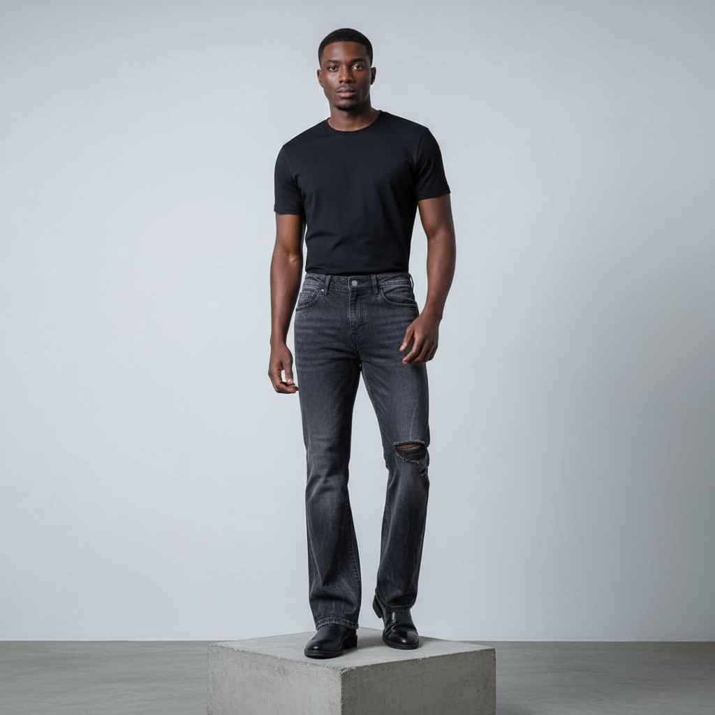 Nigerian male model wearing washed black ripped knee flared jeans