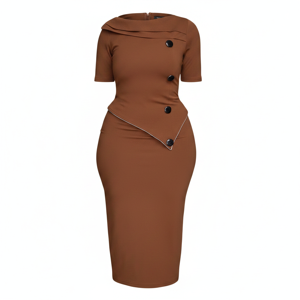 Ghost mannequin view of women's brown asymmetric collar button detail bodycon midi dress