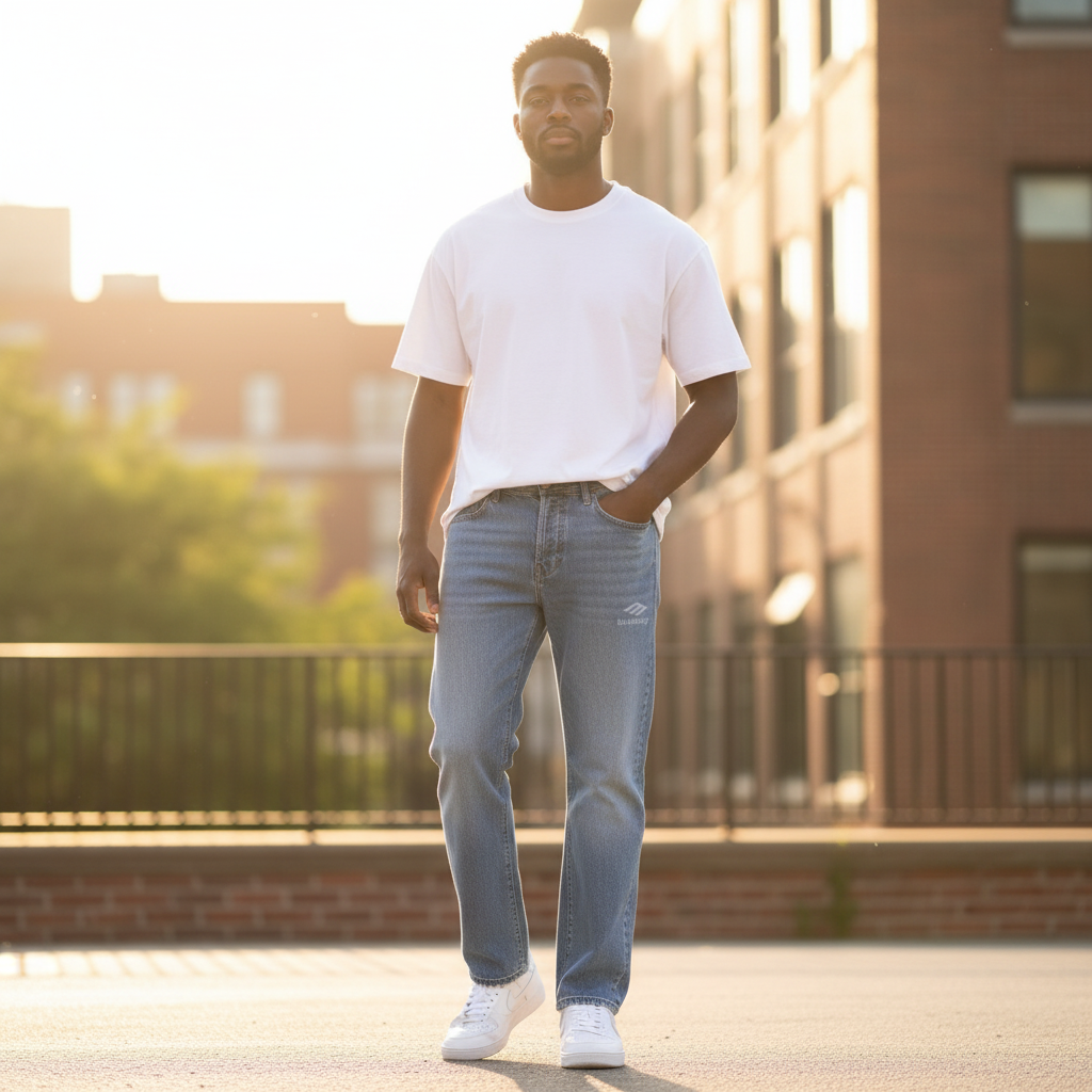 Nigerian model wearing Light Blue Washed Straight-Leg Tonal Logo Embroidered Jeans