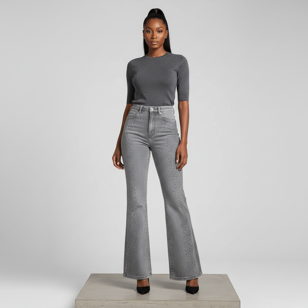Grey All-Over Rhinestone Flare-Leg Denim Jeans - Model Front
