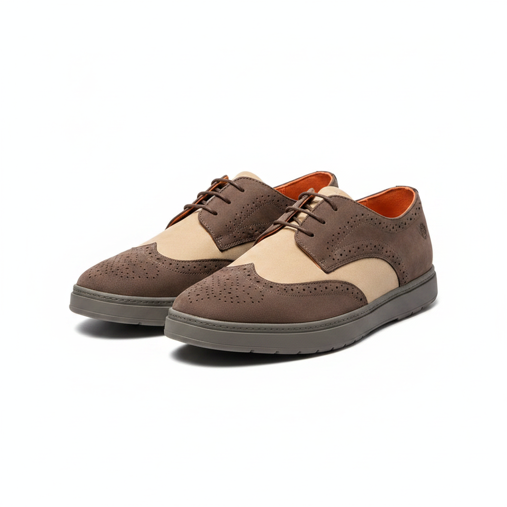 Men's brown and sand two-tone perforated suede wingtip brogue shoes pair product shot