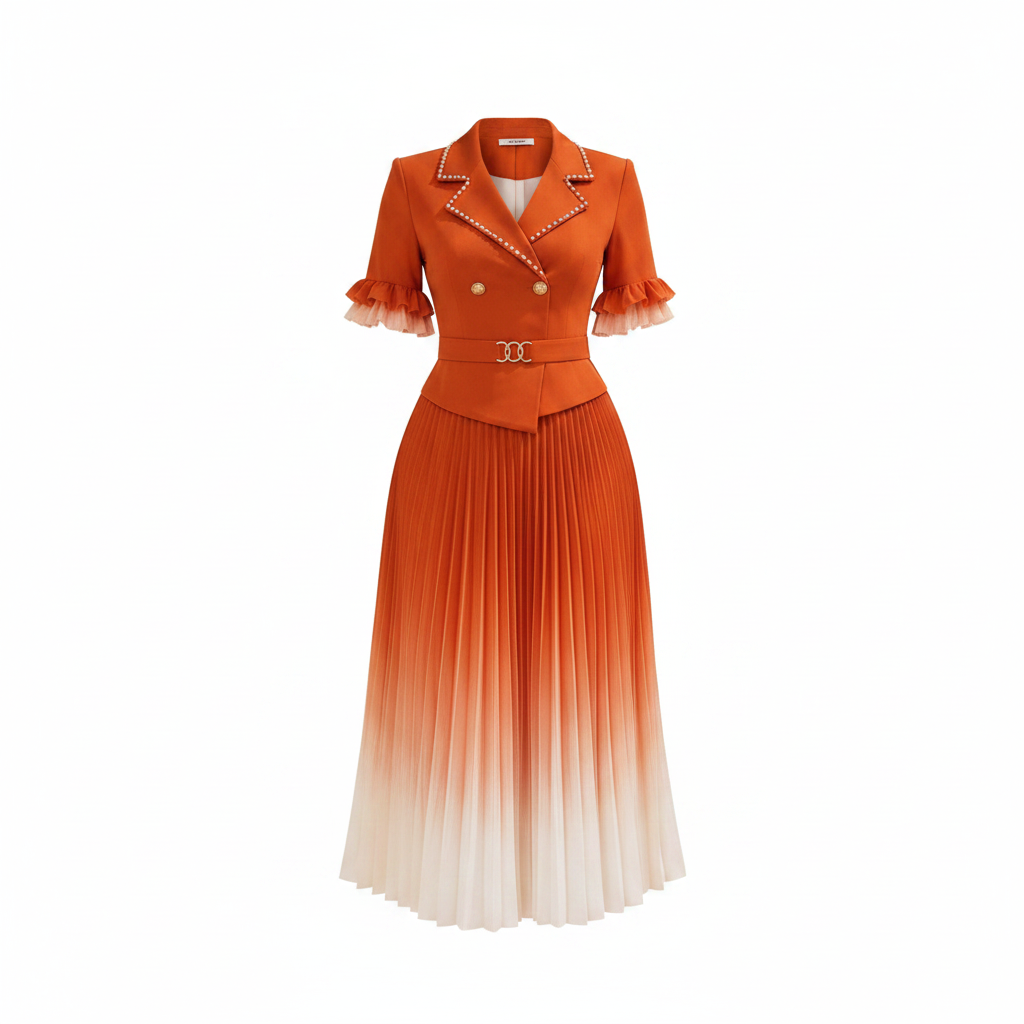 Ghost mannequin front view – Women's Orange Ombre Pleated Midi Gown with Pearl Lapel & Gold Belt