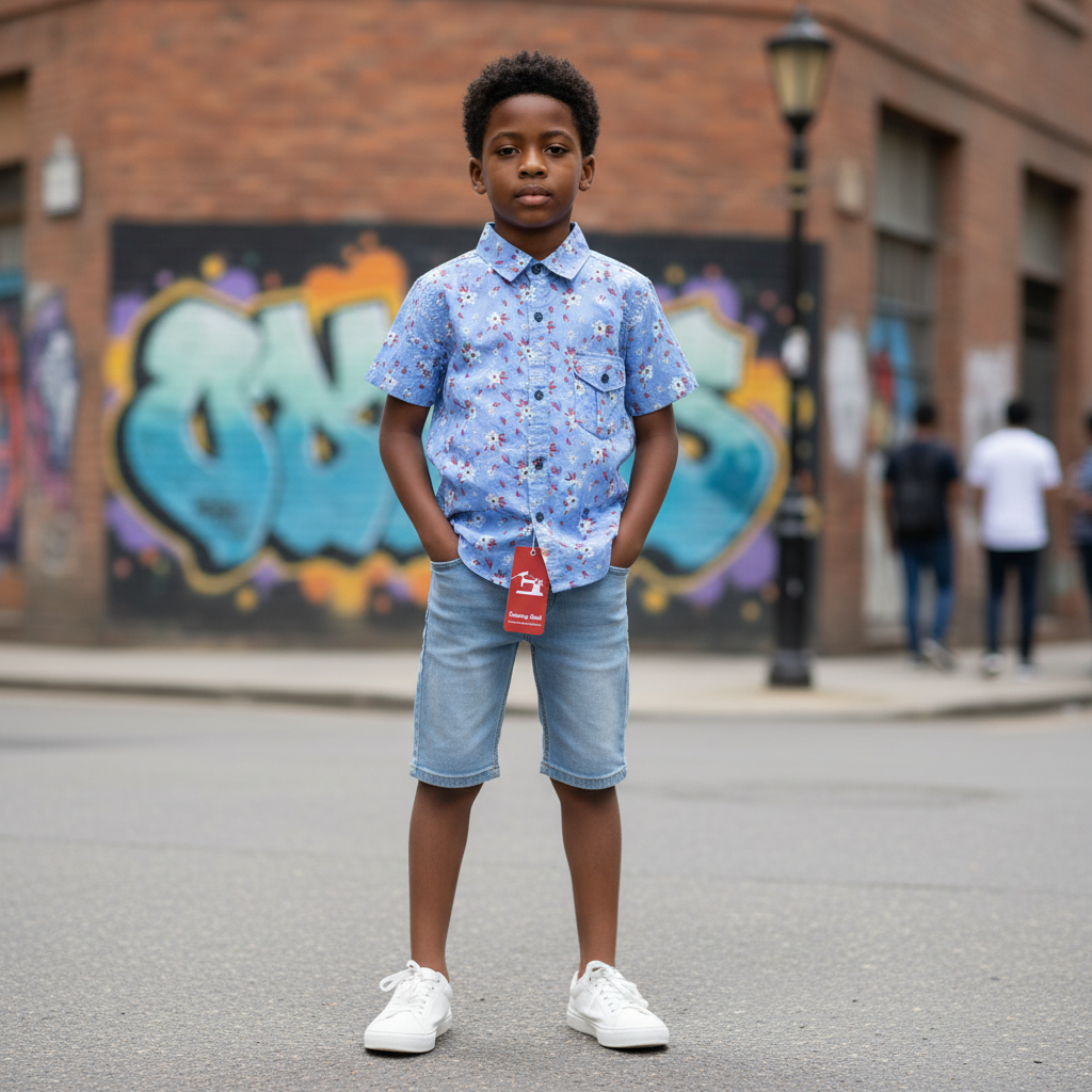 Young Nigerian boy wearing light blue daisy floral print shirt