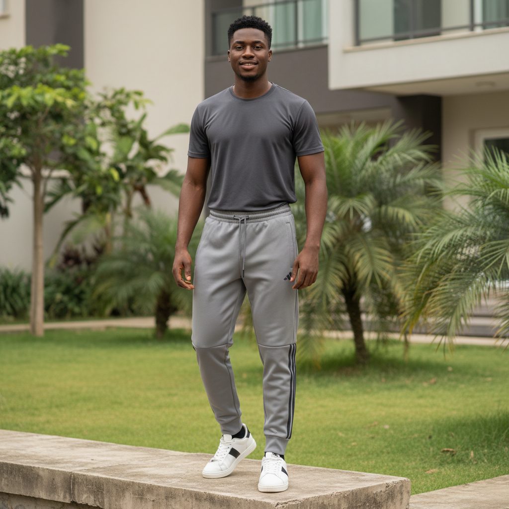 Men's Light Grey Three-Stripe Tapered Joggers – Nigerian Male Model