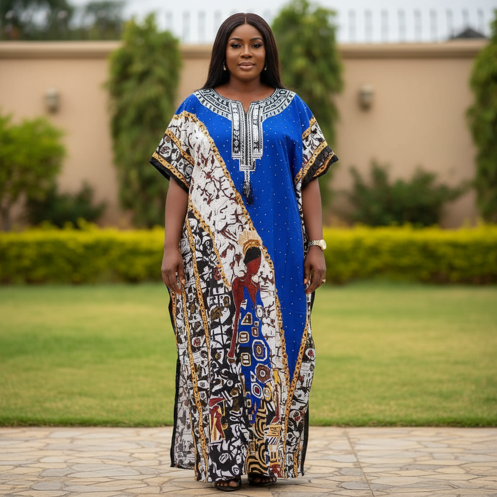 Nigerian woman wearing multicolour bubu dress with royal blue center panel in garden setting