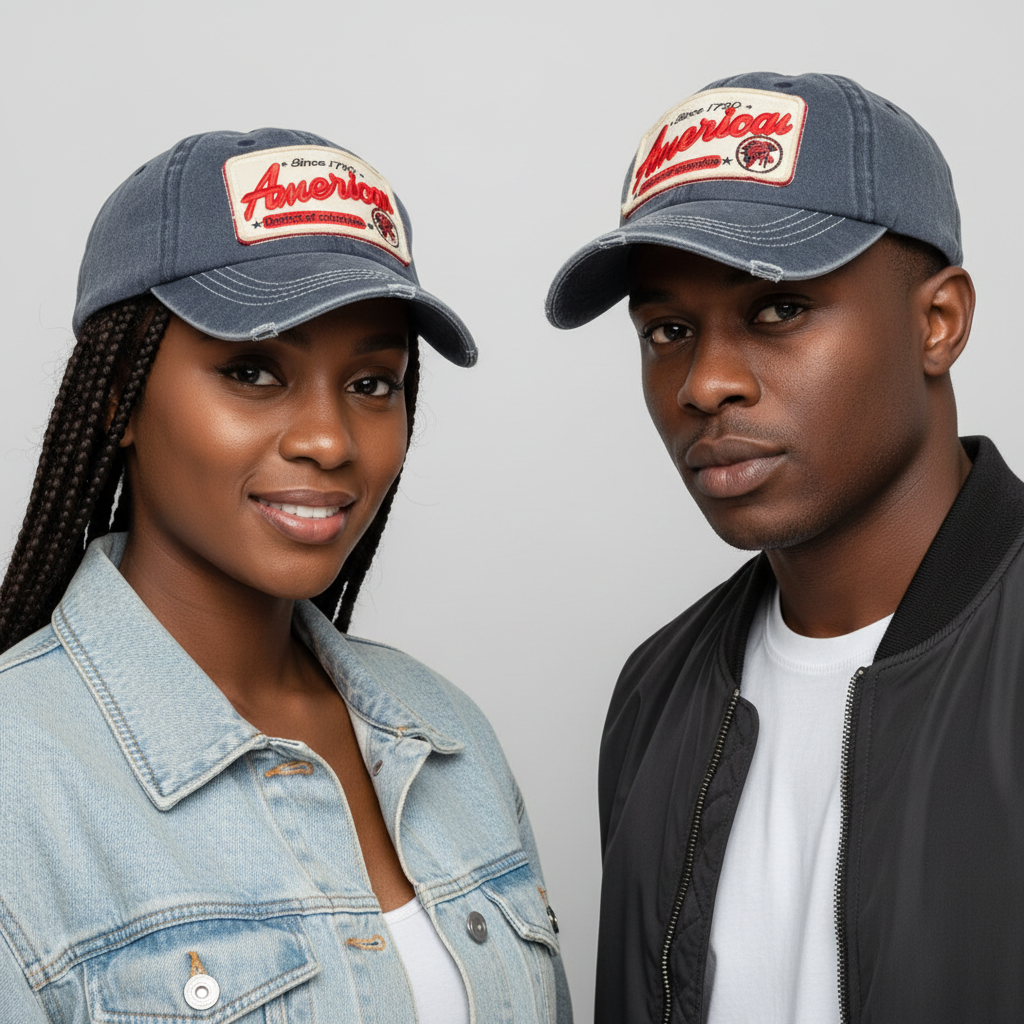 Nigerian male and female models wearing washed navy vintage patch baseball cap