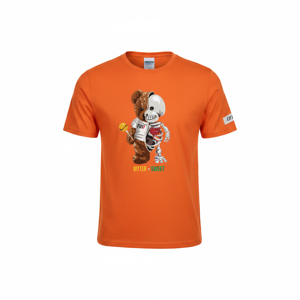 Unisex orange Bitter-Sweet teddy bear skeleton graphic t-shirt ghost mannequin view