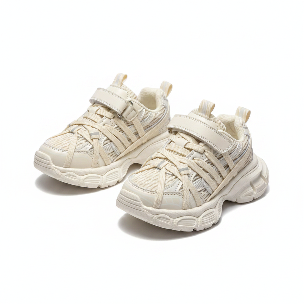 Kids' multi-strap cage chunky track sneakers ghost mannequin cream white colorway