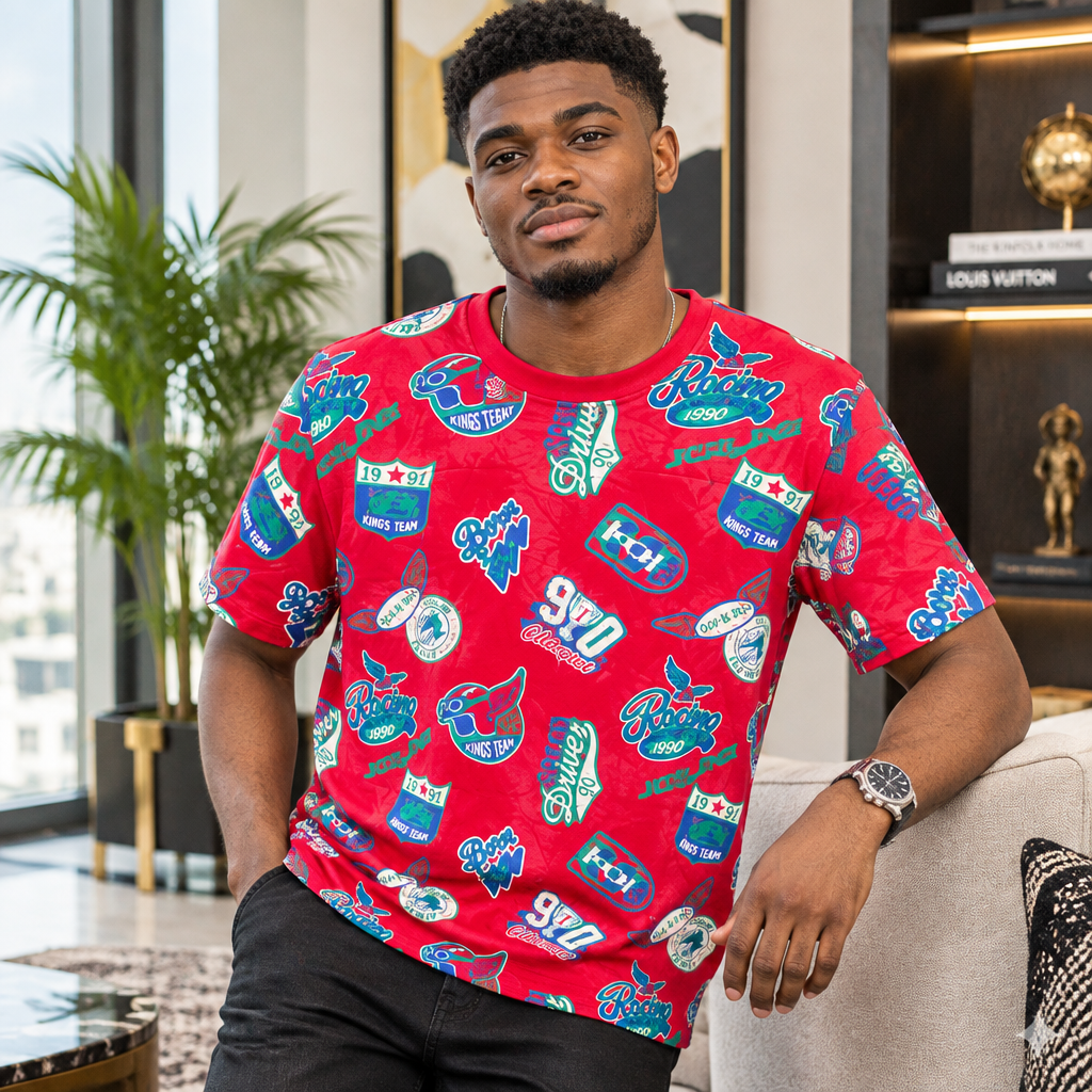 Red Varsity Badge All-Over Print Tee – Model Shot