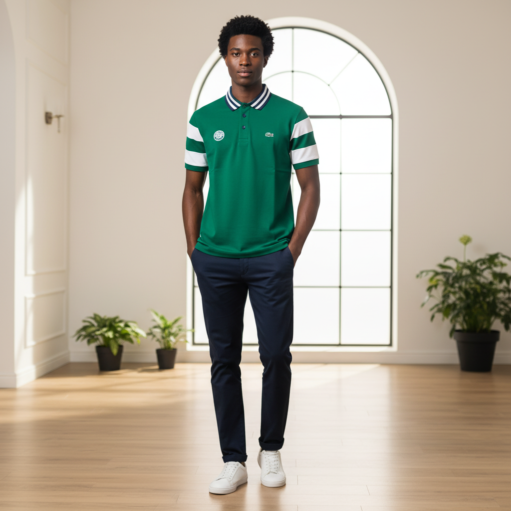 Young Nigerian male model wearing green contrast polo shirt with white sleeve panels and navy stripe collar