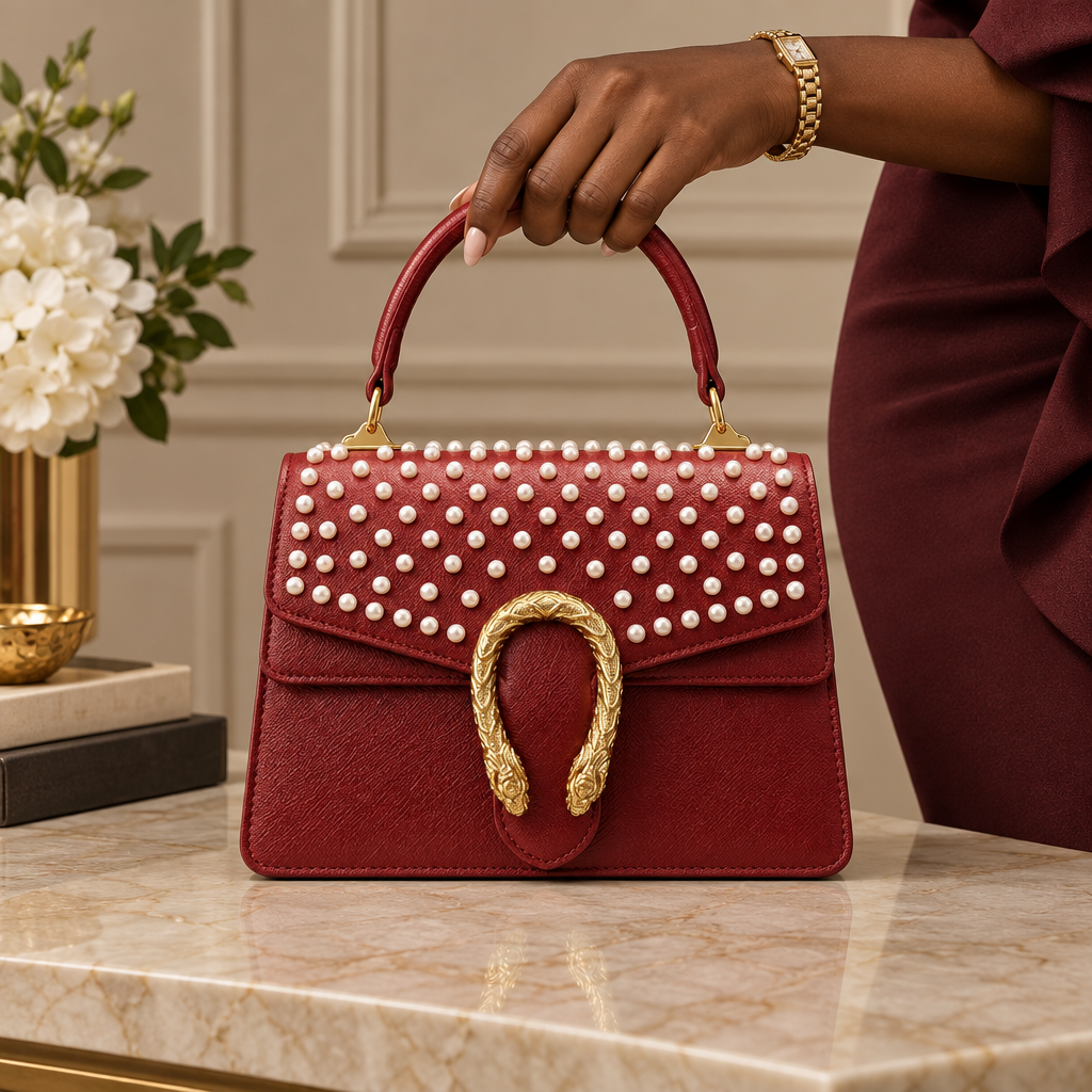 Black Nigerian woman’s hand presenting a red pearl-embellished structured handbag