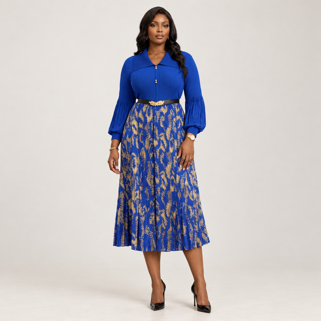 Black Nigerian model wearing a royal blue floral midi gown with puff sleeves and a belted waist