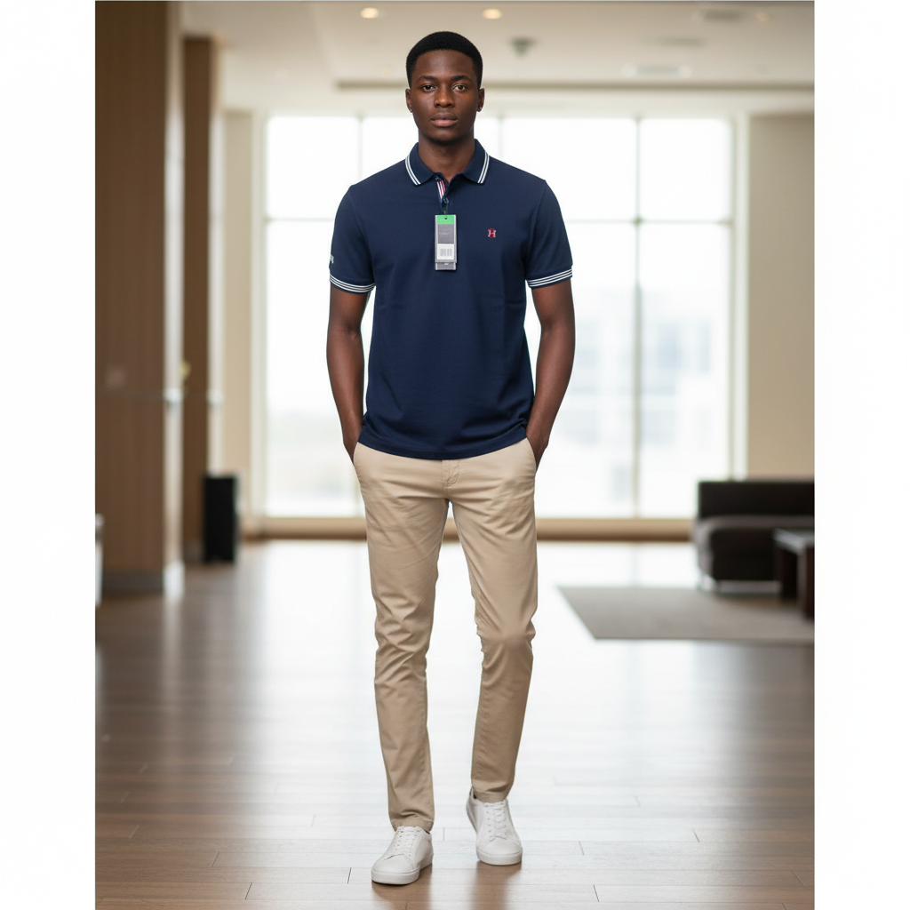 Young Nigerian male model wearing navy blue tipped polo shirt with white and red stripe collar and cuffs